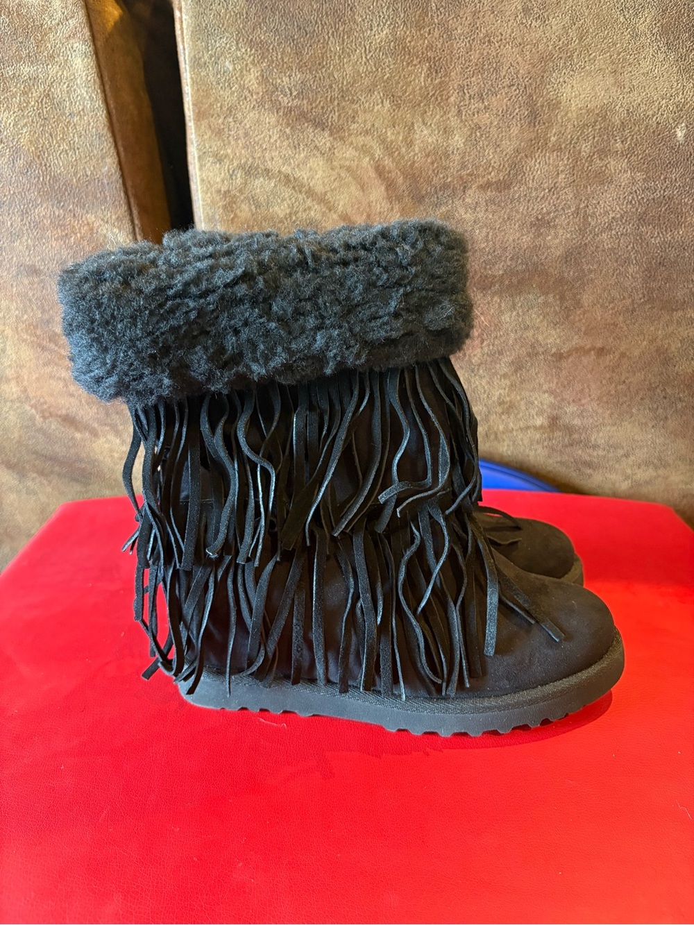 Madden Girl Sleet black fringe wedge boots